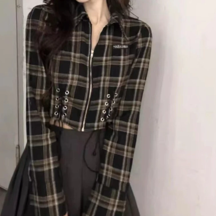 【艾萱萱】88107款法式复古格子长袖衬衫  约42