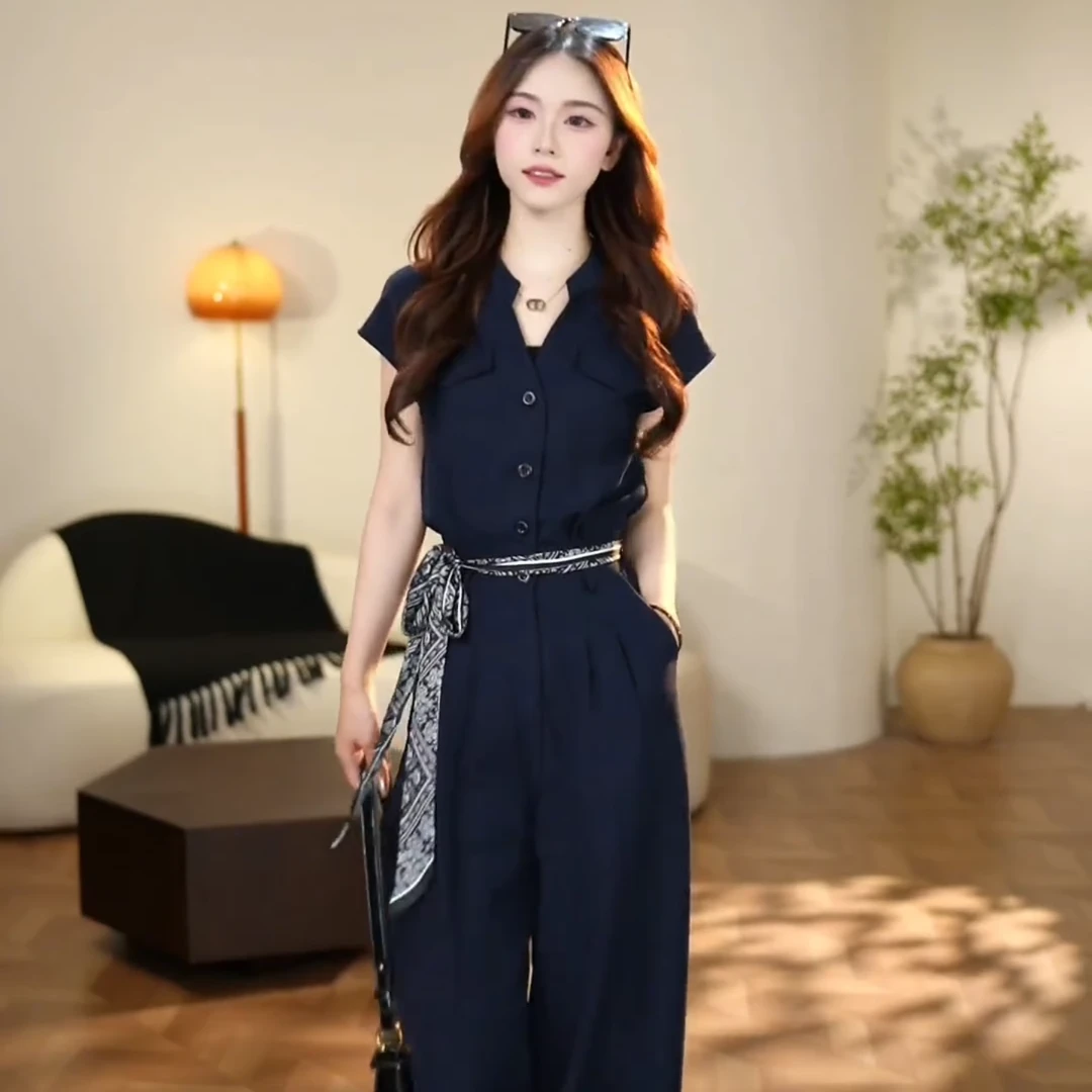 拉夏贝尔时尚连体裤套装2025夏季新款洋气减龄设计感丝巾腰带套装