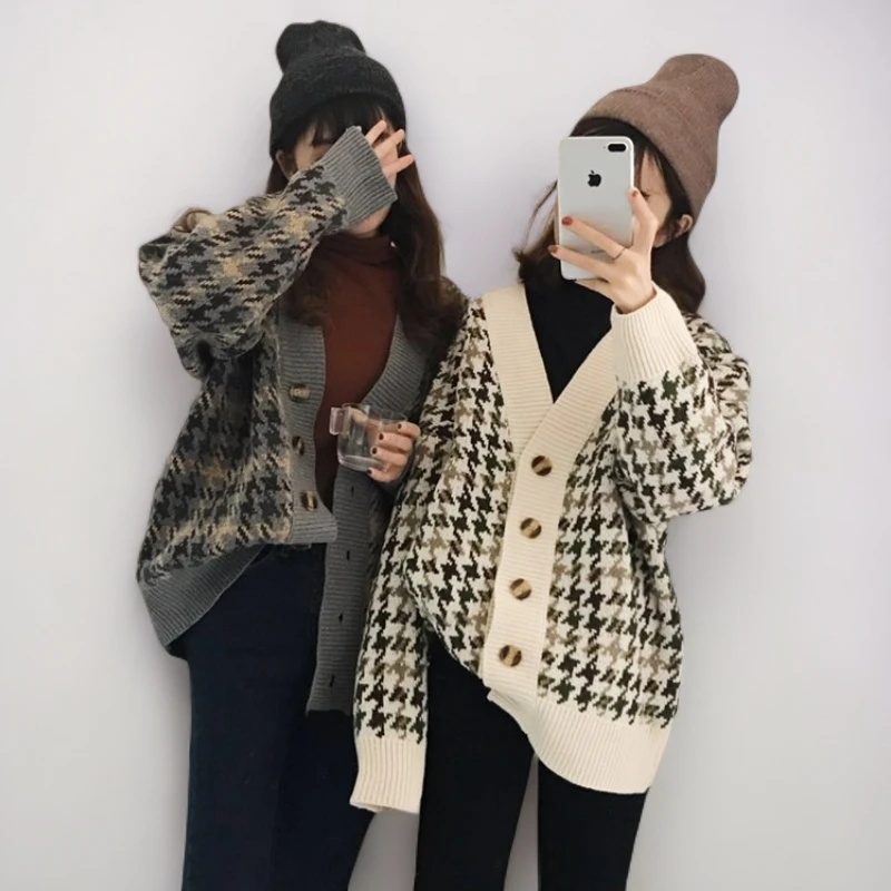 秋季韩版复古chicV领千鸟格加厚针织衫外套中长款长袖毛衣开衫女