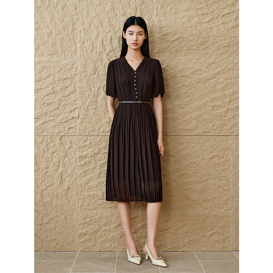 INSUN恩裳专选2025夏季美拉德极简重工压褶连衣裙9C65205210