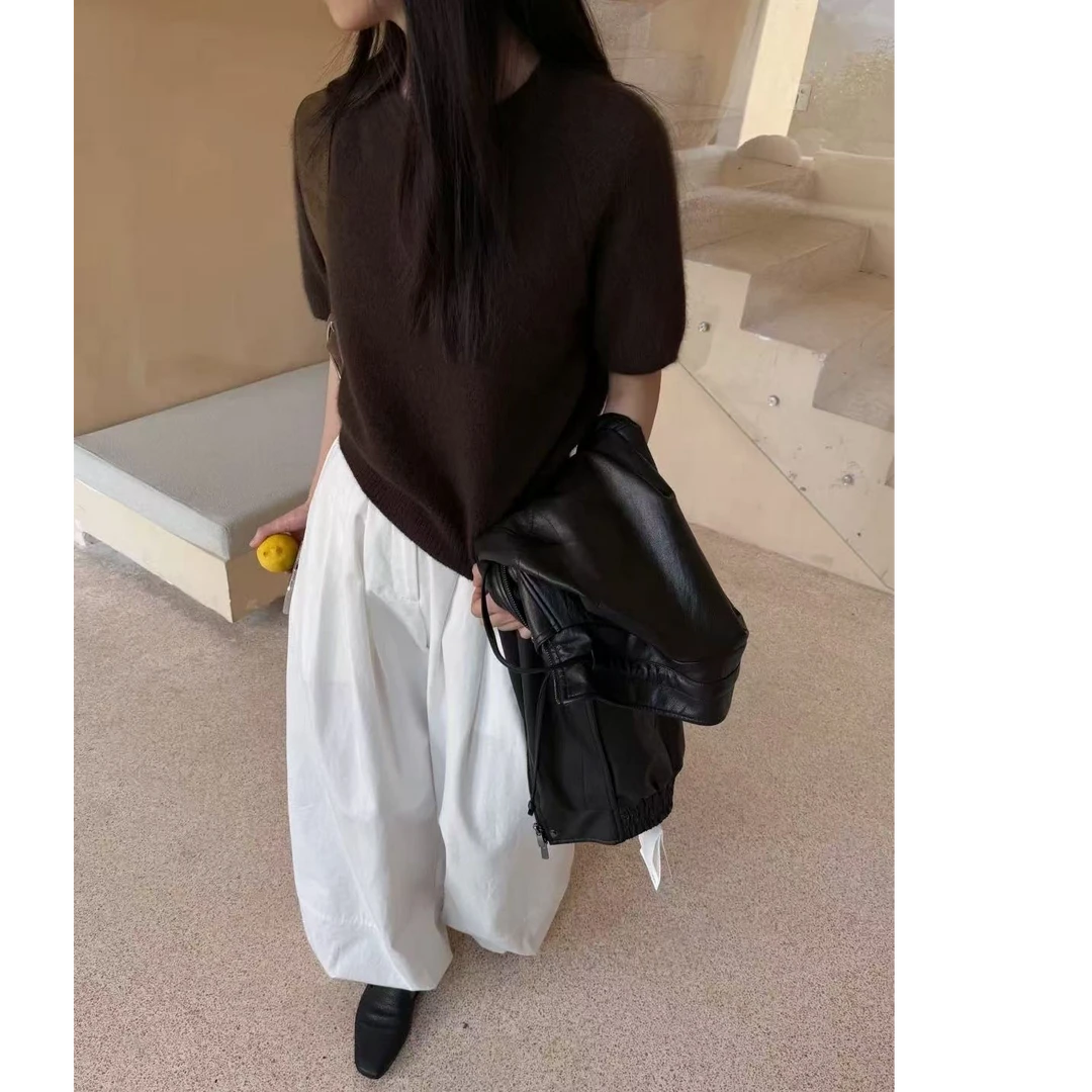 【深咖色】短袖圆领秋冬新款宽松韩版设计感针织衫毛衣女