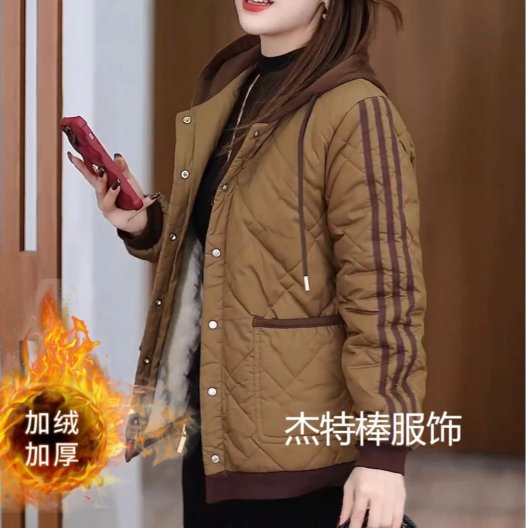 秋冬季新款连帽中老年女装休闲加绒棉衣加厚宽松气质妈妈装棉服