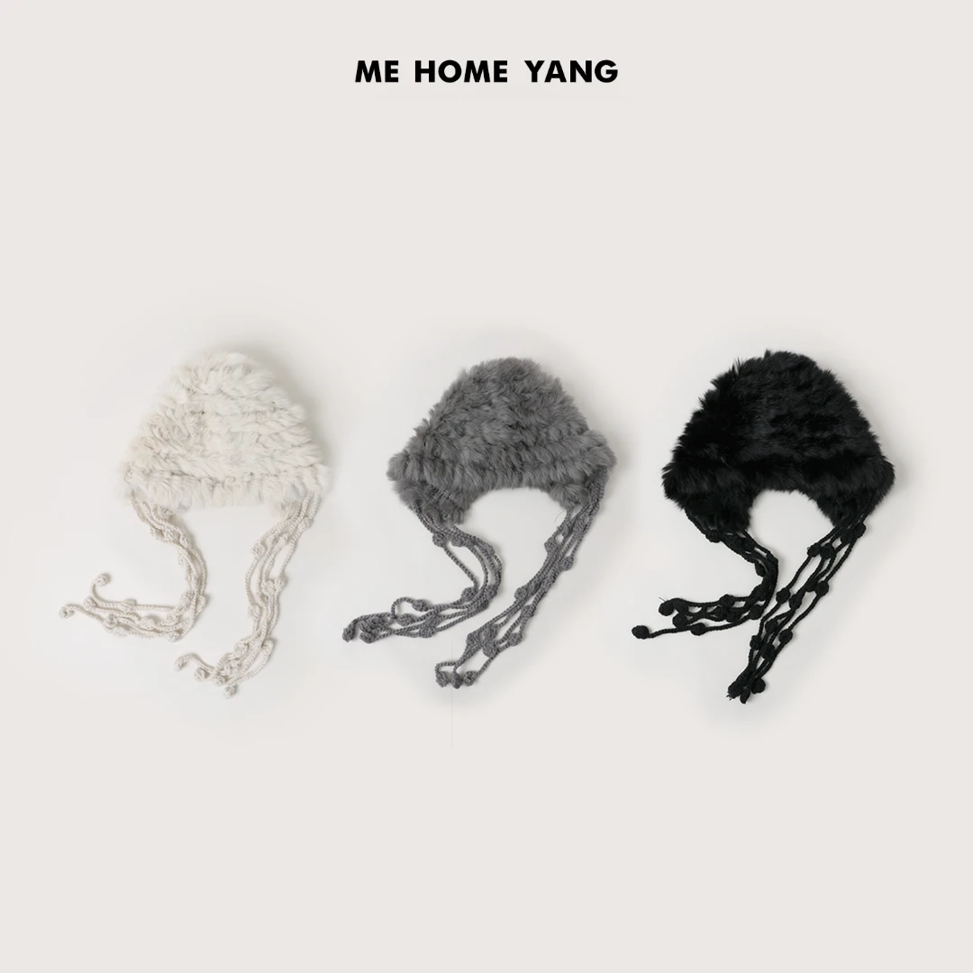 ME【流苏护耳帽】兔毛皮毛线钩花流苏加厚防寒保暖毛绒帽子MEQA3990