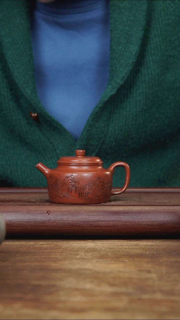 茶壶紫砂170ml 刻绘德钟 朱泥