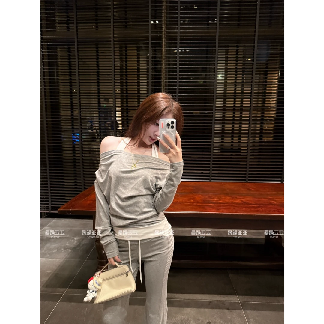 经典美调 美式复古假两件一字肩卫衣抽绳直筒休闲裤设计感套装女