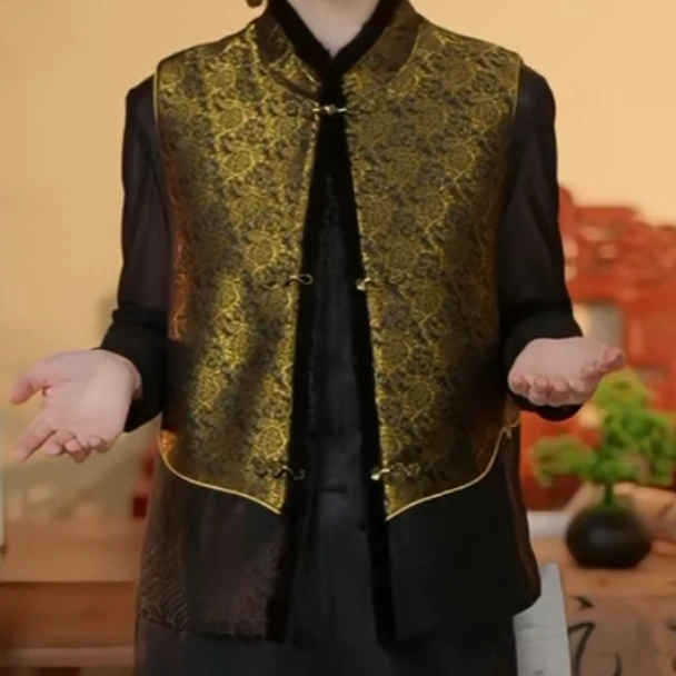 华 新中式风桑蚕丝 黑色库锦马甲24116