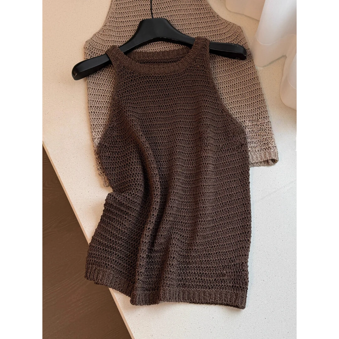 自留！上身太好穿了，栗棕色高级感无袖镂空针织背心女新款显瘦上衣