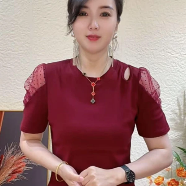 2025短袖镂空蕾丝袖时尚流行百搭洋气女神打底上衣小衫#2327