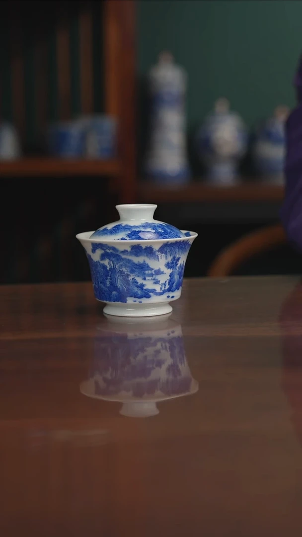 晓月柴窑 山水盖碗