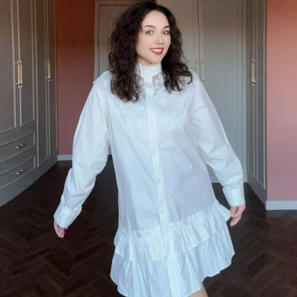 2025新款中长款衬衣蕾丝边百搭气质款中长款衬衣女士百搭气质显瘦