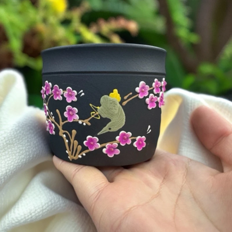 宜兴紫砂 直筒器型 喜上眉梢主人杯品茗杯精品手工杯开