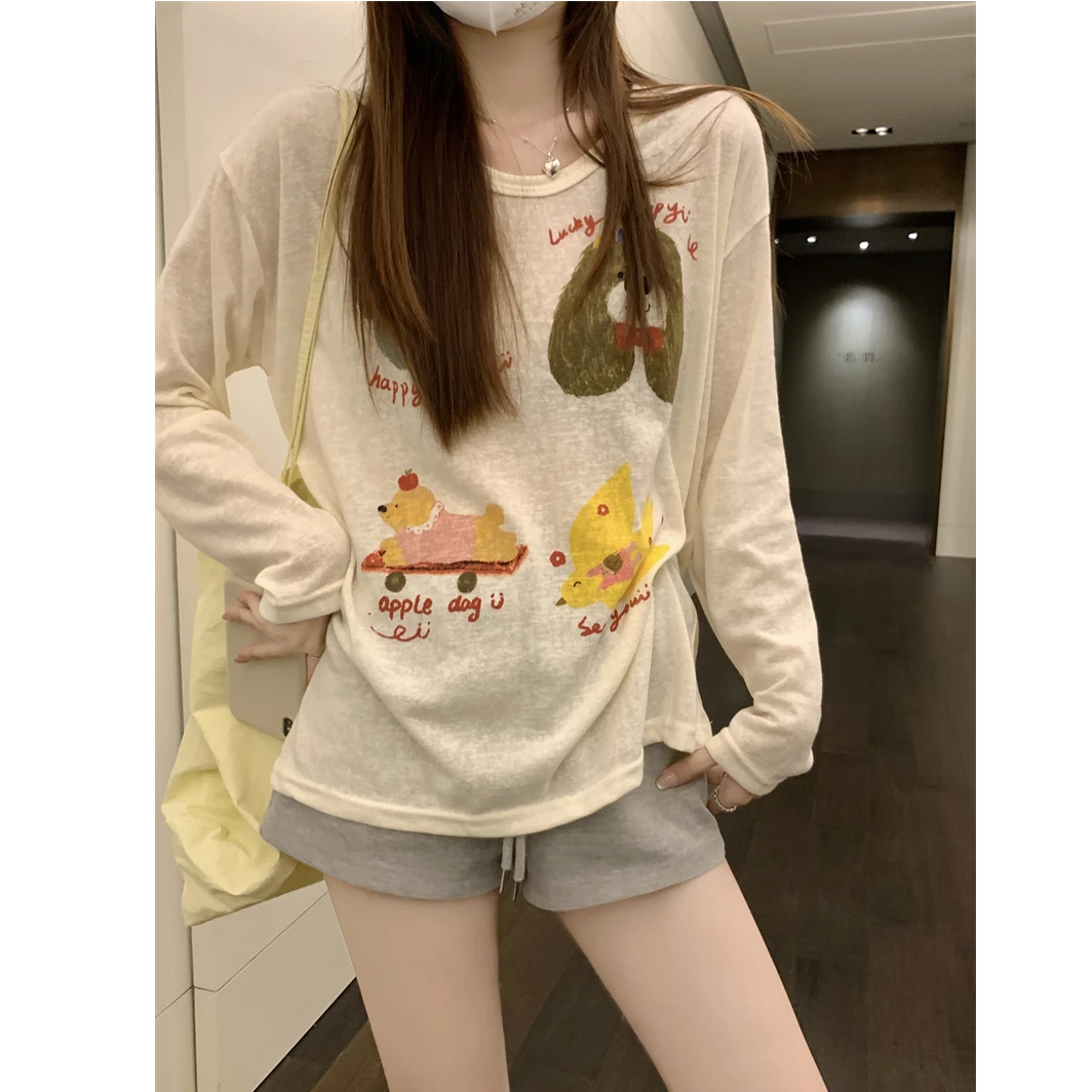 2025春夏新款可爱狗狗印花长袖T恤宽松慵懒风女薄款设计感上衣