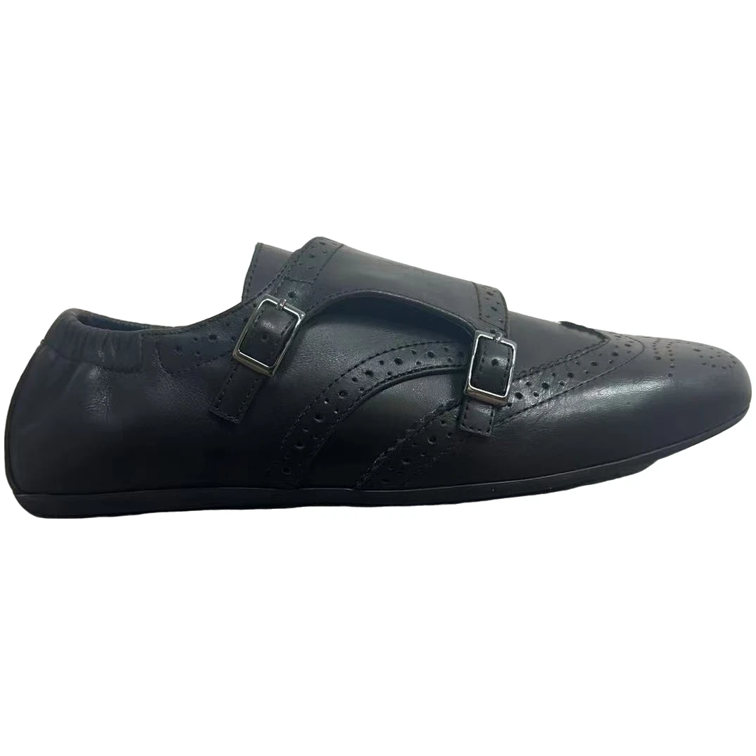 新款休闲牛皮女士复古时尚洋气平底百搭圆头布洛克单鞋20250612