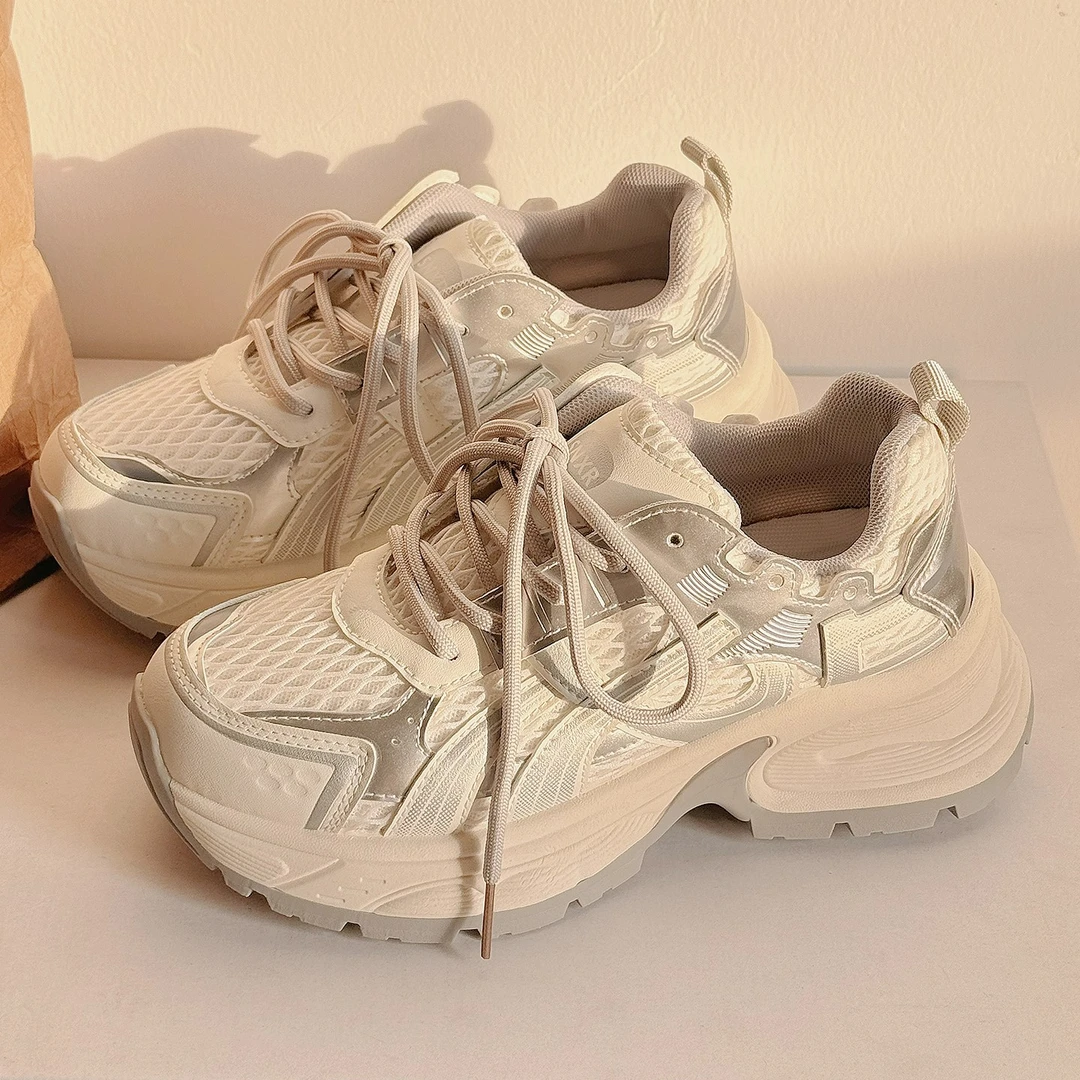 Moleubak老爹鞋女款2025夏季透气网面厚底增高运动鞋百搭休闲鞋子