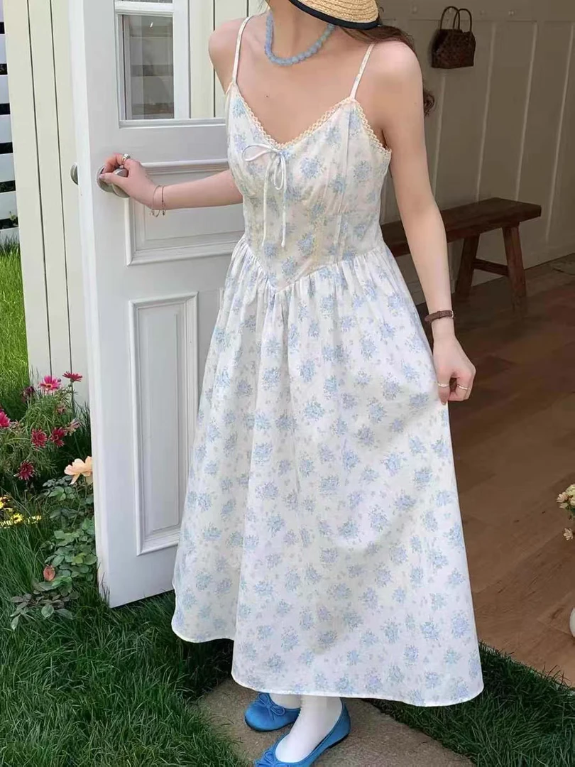 OMELET蛋卷连衣裙吊带夏甜美小清新碎花高腰修身蓝色无袖HL25411