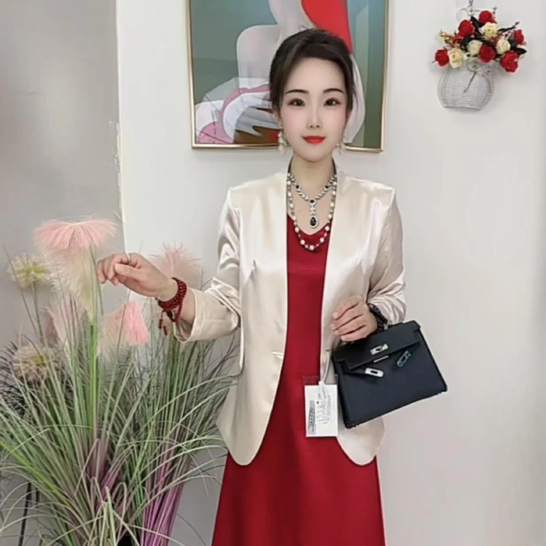 西装外套春季新款时尚高级流光溢彩光泽感时尚缎面I气质开衫上衣