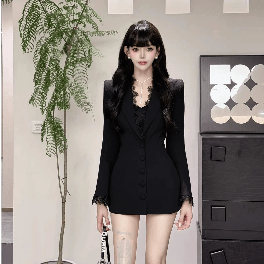 YY蕾丝显瘦气质黑色春季女外套时尚性感收腰裙3199