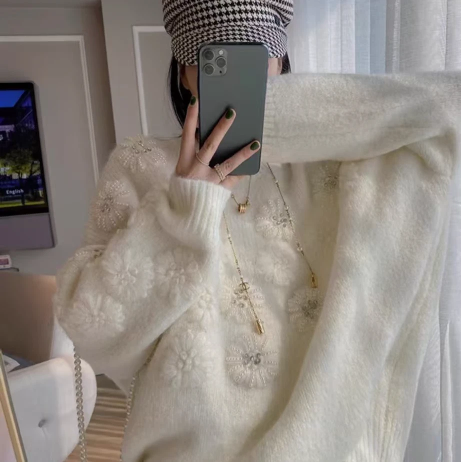 【珍珠花】2025新款手工花订珠针织套头毛衣Y7950