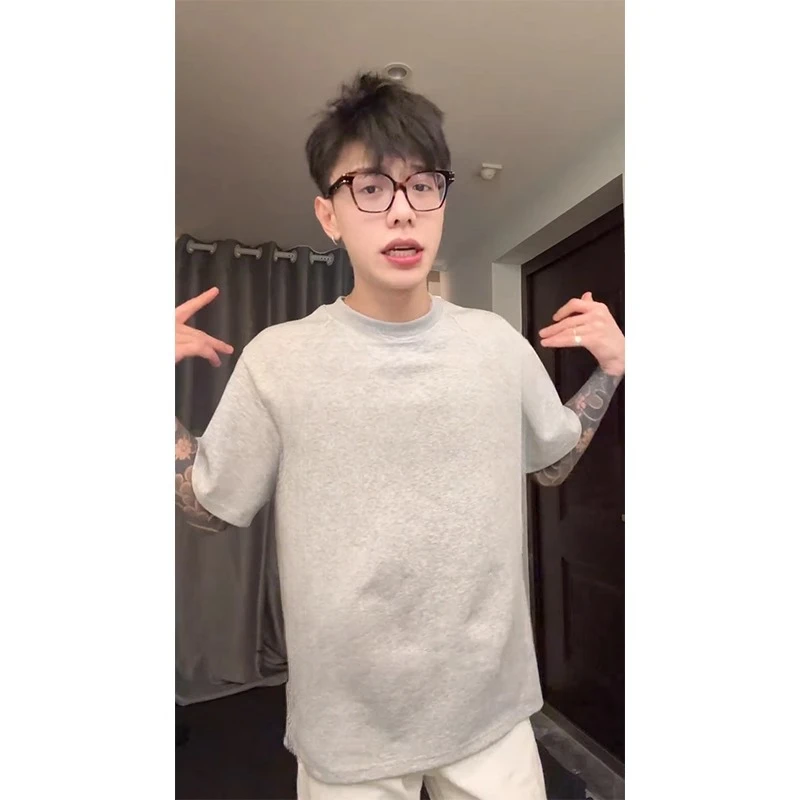 浅灰色美式正肩短袖男款夏季痞帅cleanfit纯棉t恤boxy版型半截袖