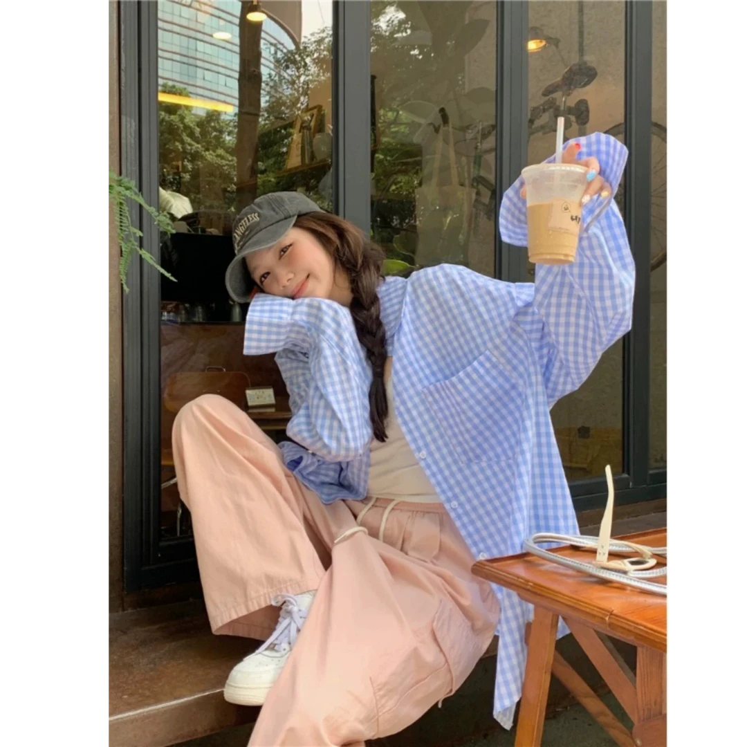 清新长袖格子衬衫女2025春季新款宽松中长款翻领外搭防晒开衫外套