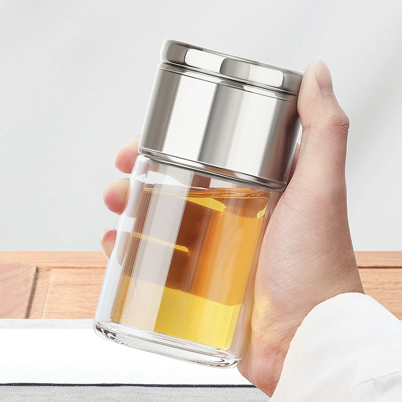明协男士办公室迷你便携茶水分离泡茶杯双层玻璃杯女花茶杯子礼品