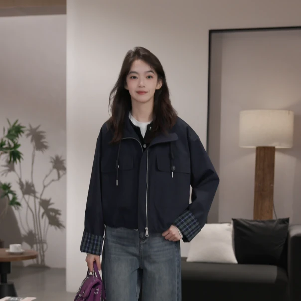 【素典上新】25年休闲短款外套女秋季极简风立领长袖休闲夹克上衣