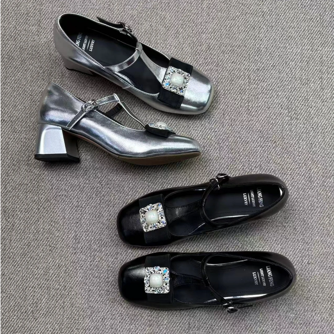 百搭浅口粗跟水钻单鞋法式复古气质温柔LF063