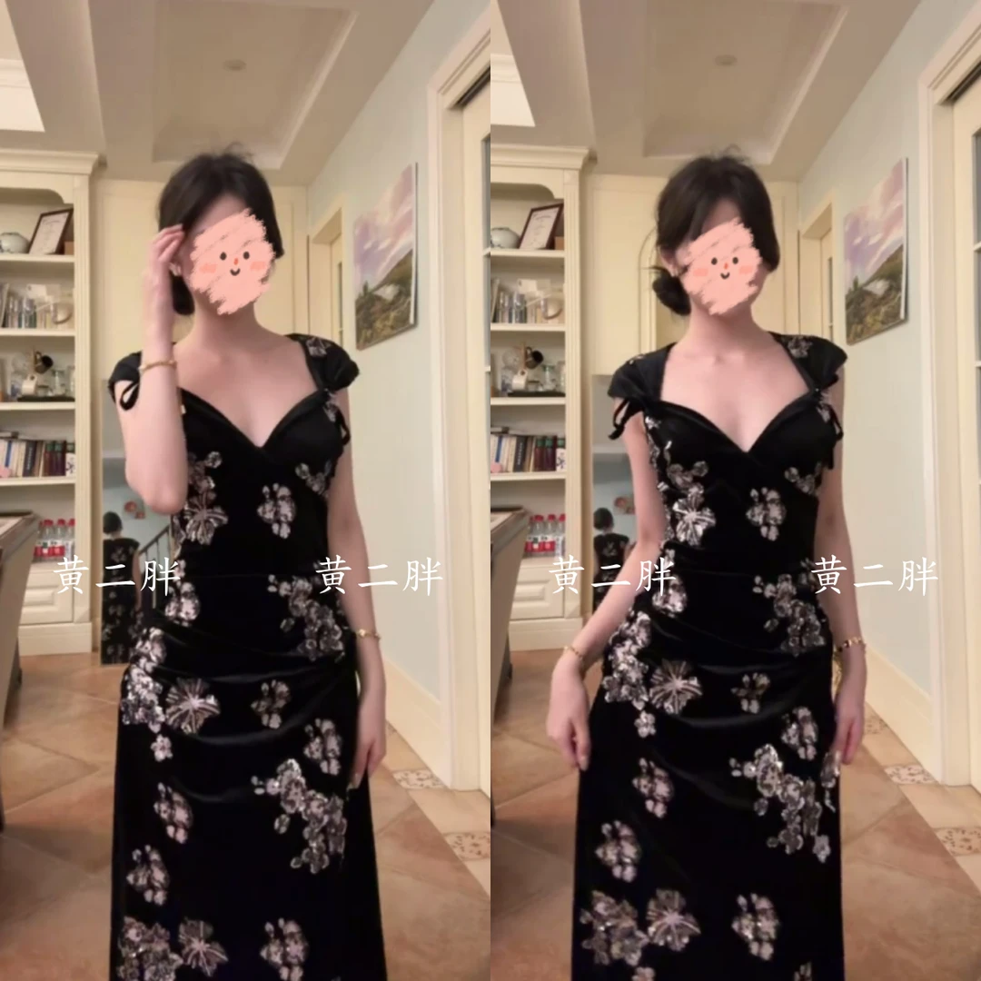 亮片刺绣黑丝绒连衣裙女夏季新中式改良旗袍收腰包臀裙后开叉长裙