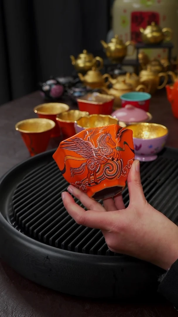 【闪购商品】杯【宜景窑爱马仕橙鎏金系列】飞马