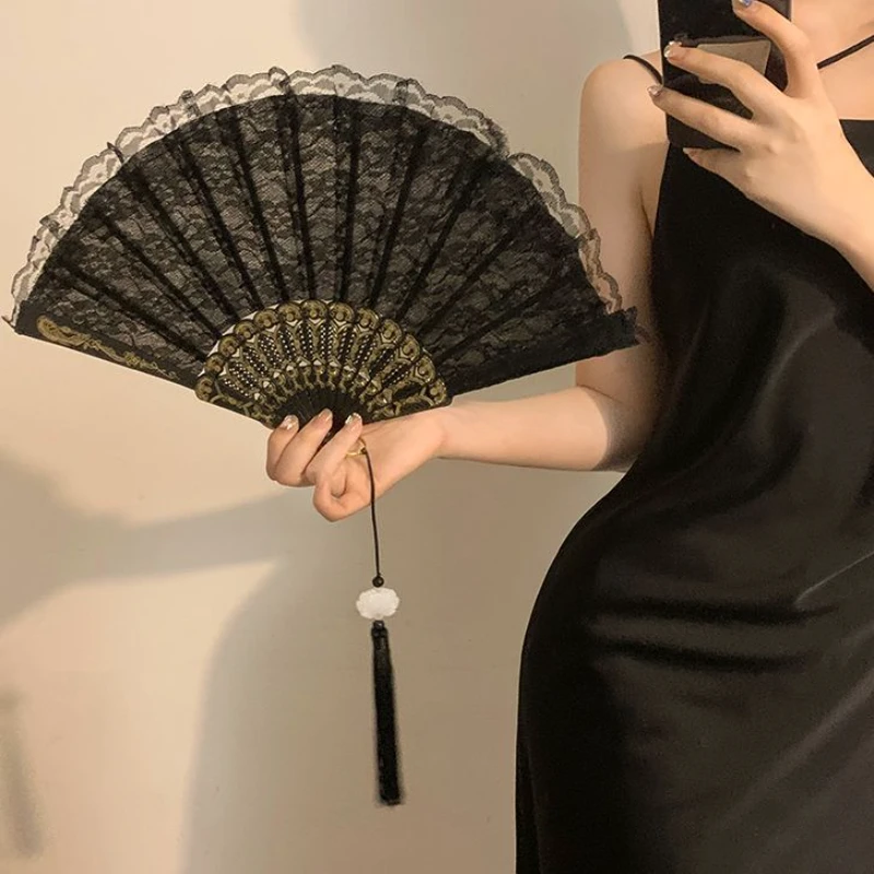 新中式复古黑色蕾丝折扇洛丽塔旗袍扇子流苏古风拍照道具中华娘
