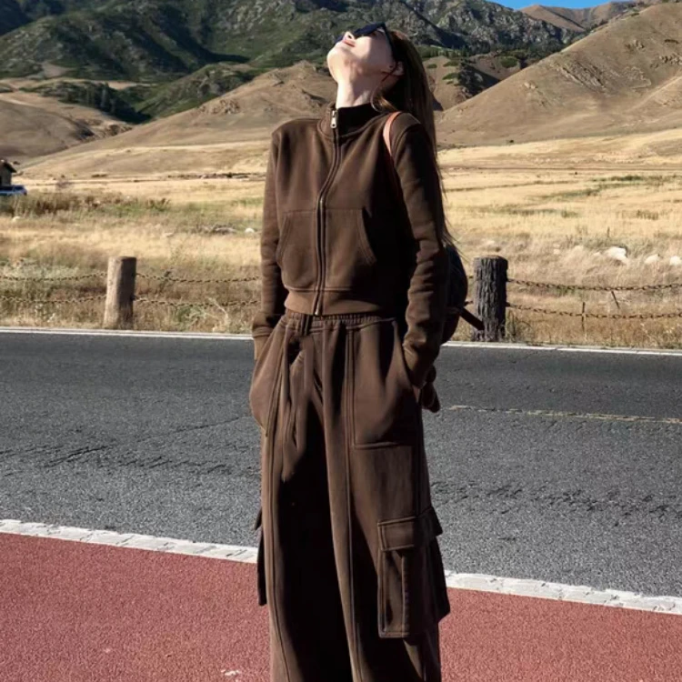 美式高街运动套装女秋季时尚炸街高级感卫衣工装阔腿裤休闲两件套