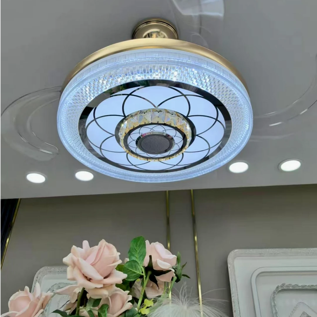 7110 水晶蓝牙音箱餐厅风扇灯轻奢新中式简约隐形大气风扇灯书房
