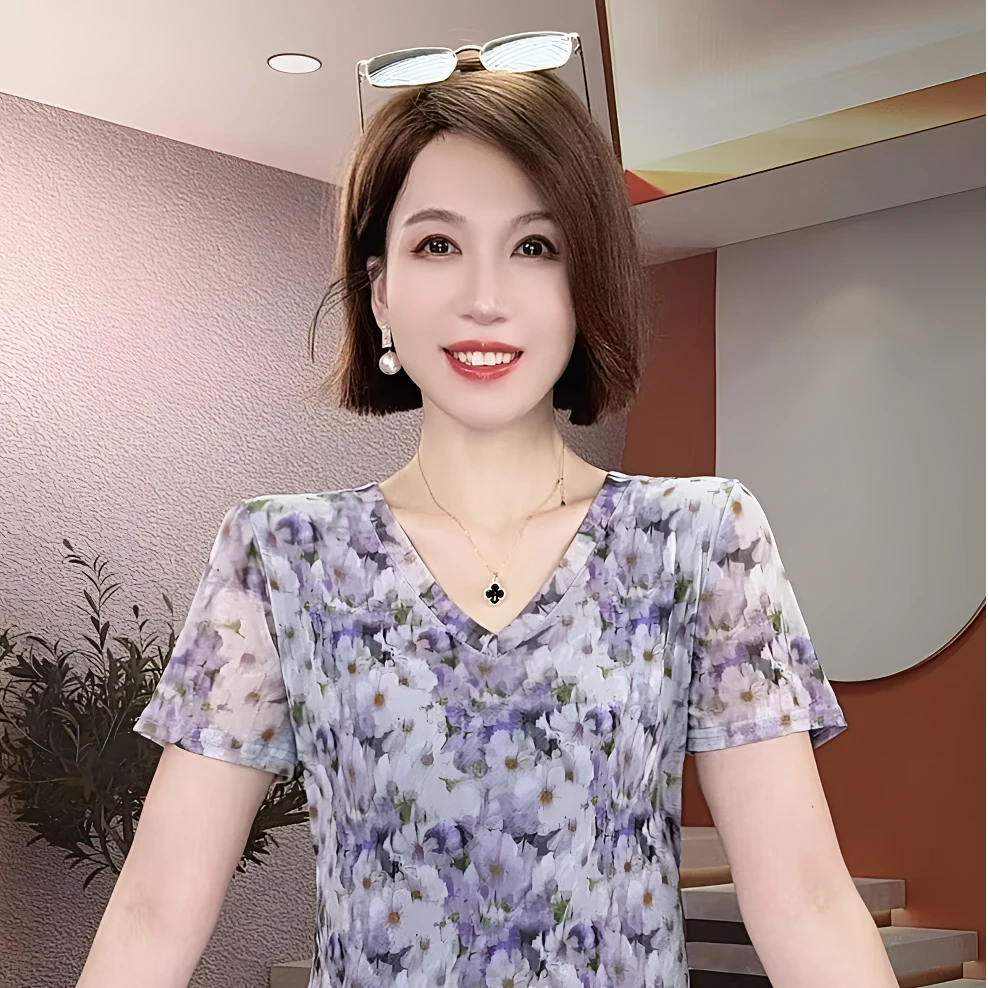 睿萌女装新弹力网纱短袖t恤女夏款漂亮洋气小衫修身花色圆领上衣