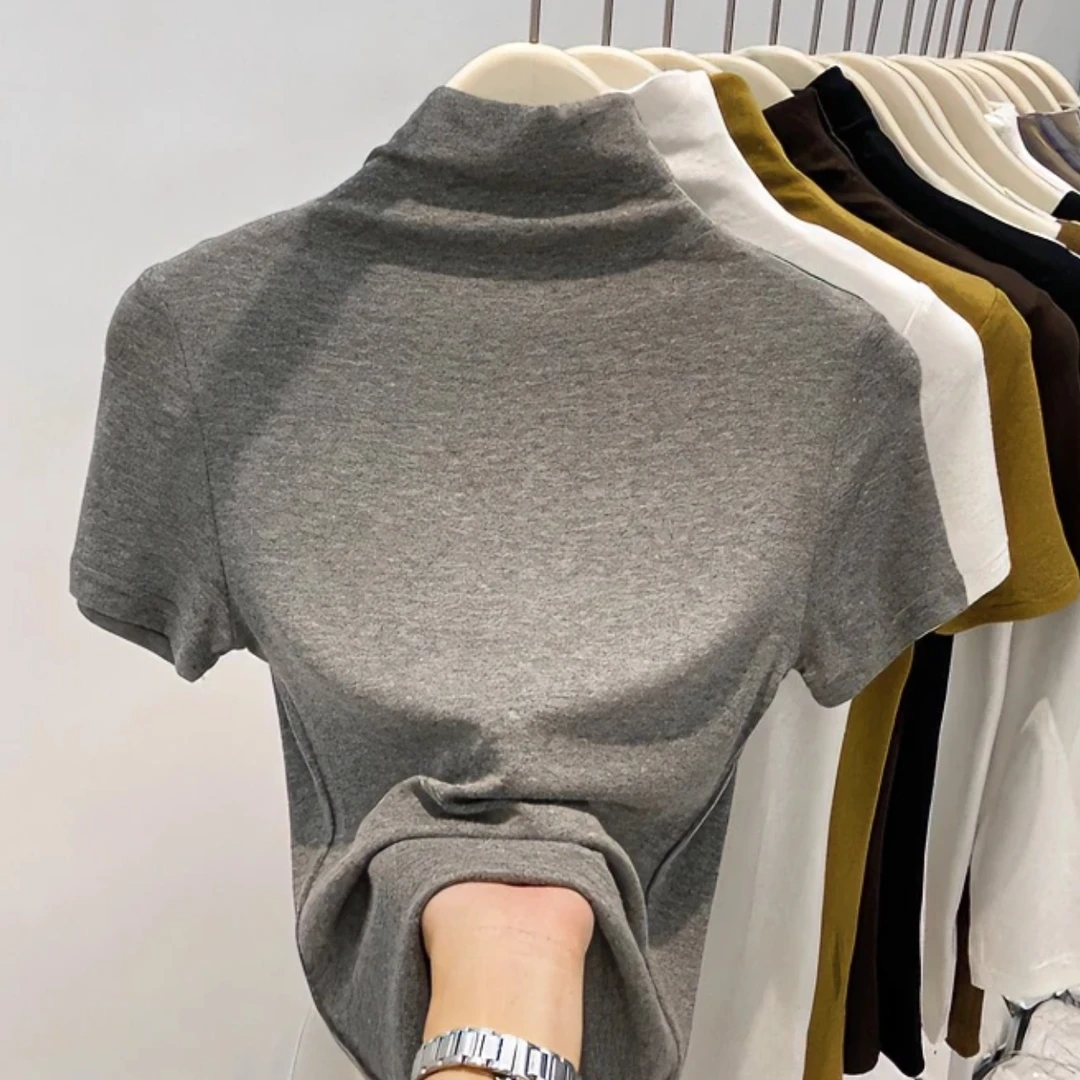 软糯基础款纯色半高领短袖t恤女春秋百搭骑行打底小衫修身上衣潮