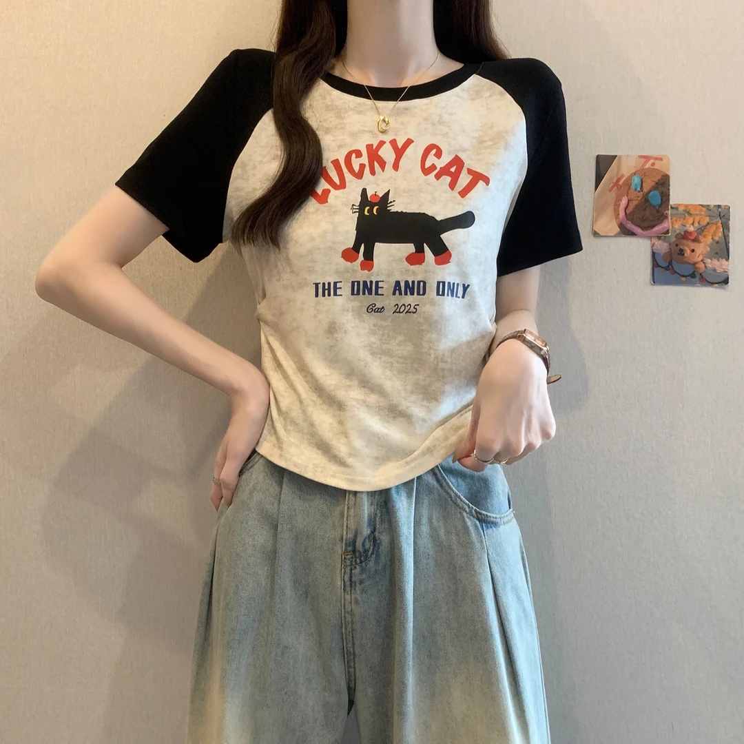 yoewshean/羽媗胖妹妹大码女装显瘦遮肚扎染拼接上衣短袖t恤潮