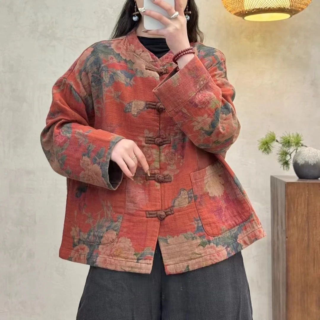 786新款春秋复古新中式宽松显瘦外套时尚休闲百搭印花盘扣开衫女