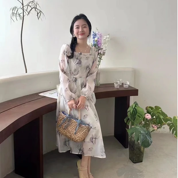 2319-1新中式复古水墨画连衣裙女装气质收腰显瘦长袖仙女裙