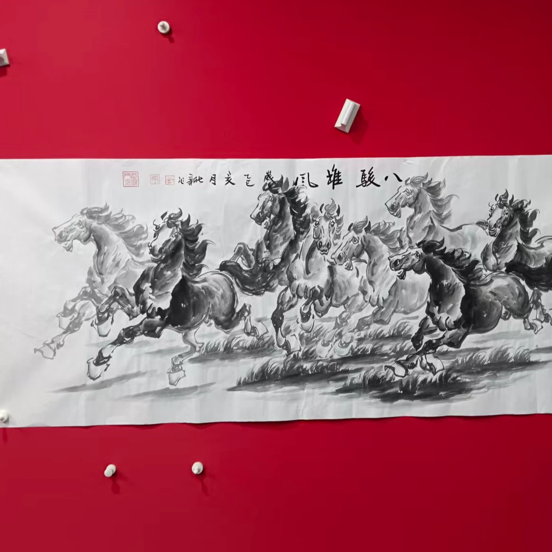 李新社手绘宣纸六尺横幅八骏雄风-水墨画