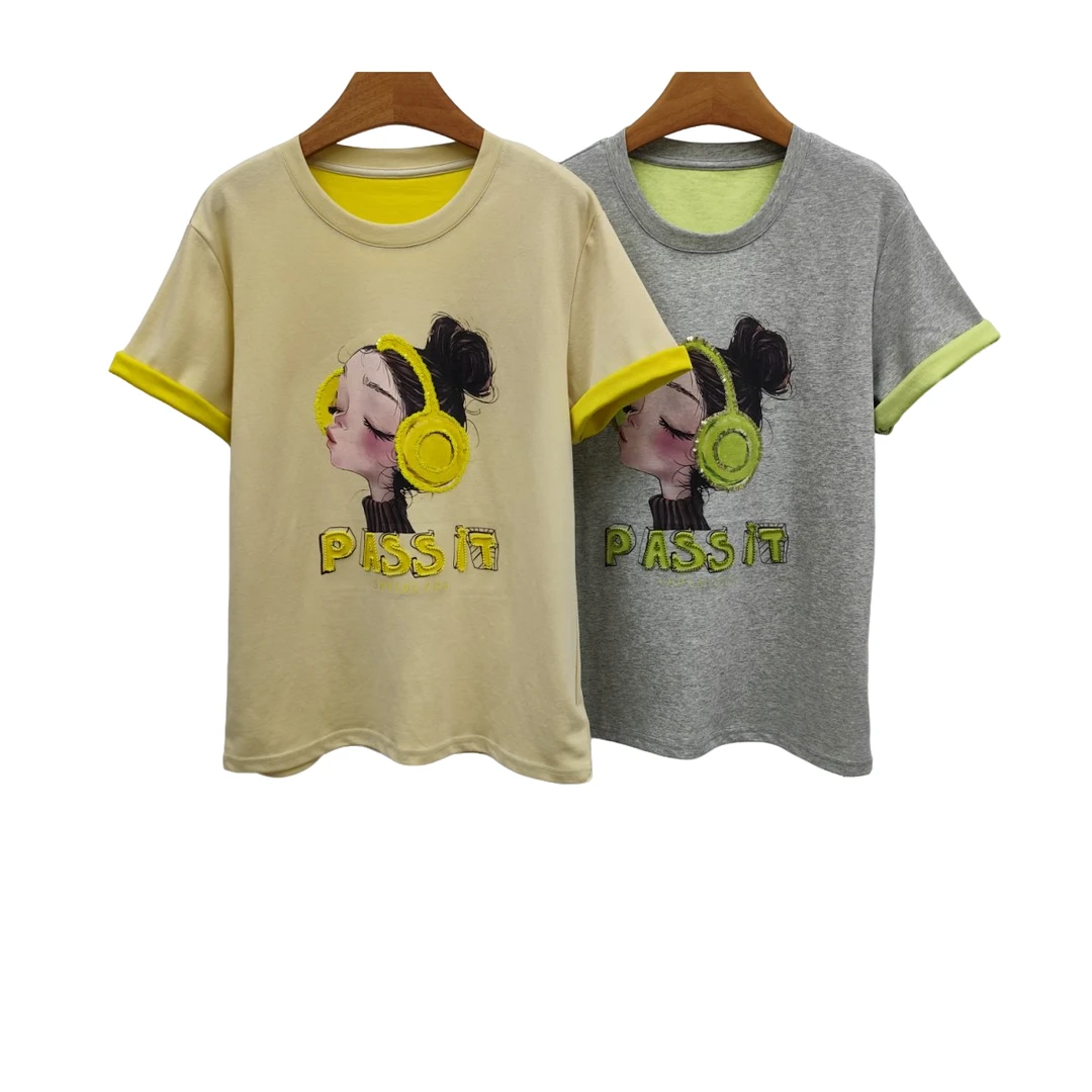 YITONG/倚桐2025夏季时尚休闲印花拼色T恤衫（T5425412）