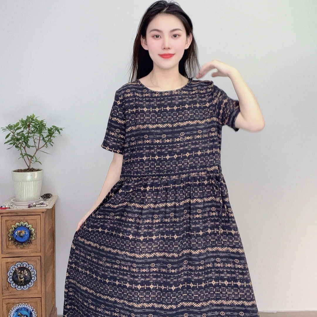 夏季新款中老年妈妈麻连衣裙时尚百搭A字长款大摆裙碎花