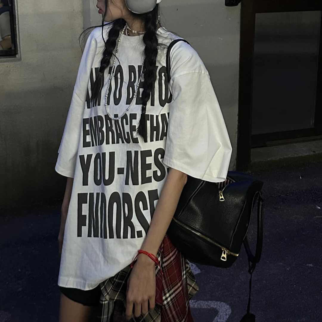 圆领硬挺纯棉国潮百搭半袖ins纯棉T恤女夏季宽松显瘦小众阔版上衣