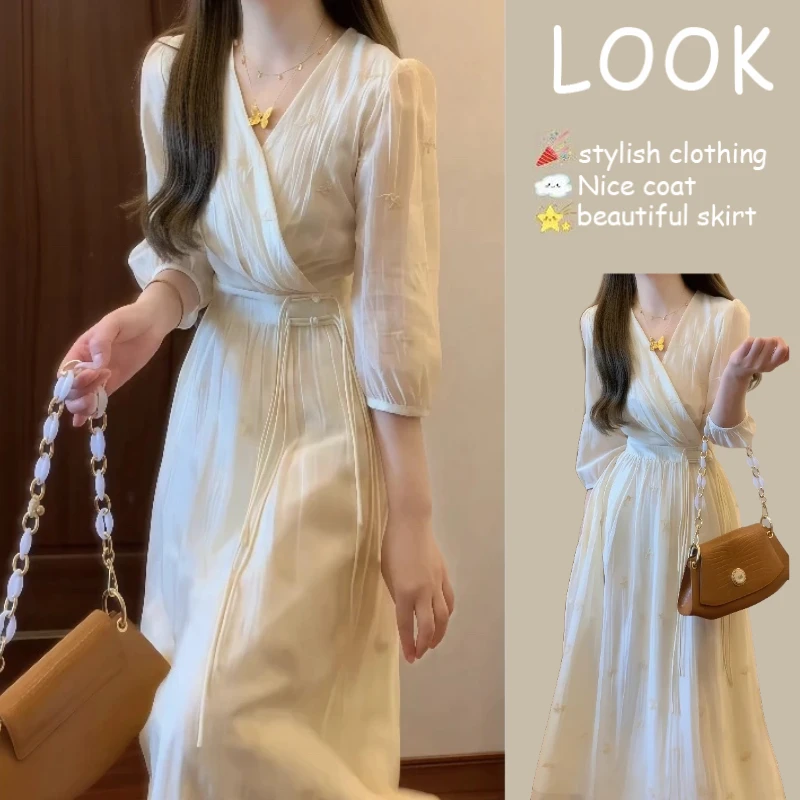 法式温柔设计感仙气重工刺绣交叉领连衣裙气质长裙仙女