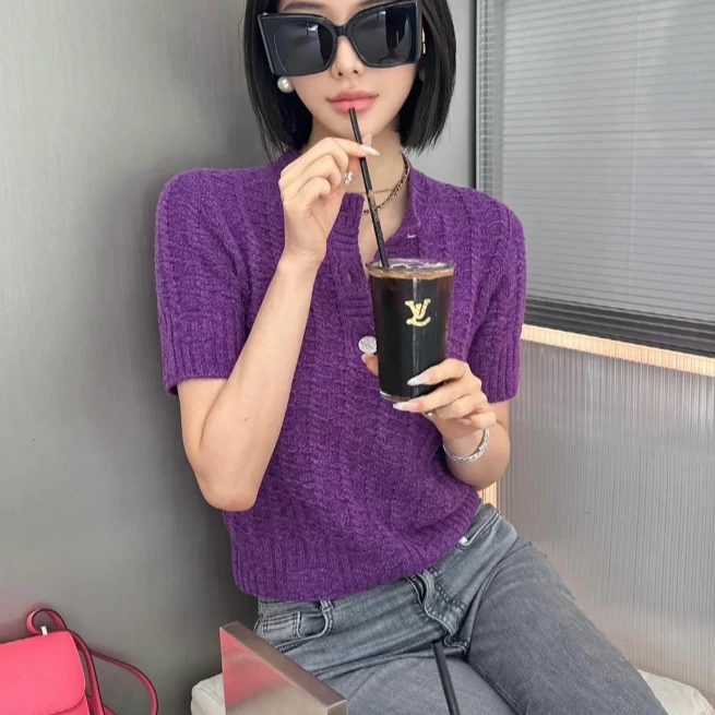 99新 Chanel/香奈儿 36码23B紫色纽扣短袖针织上衣