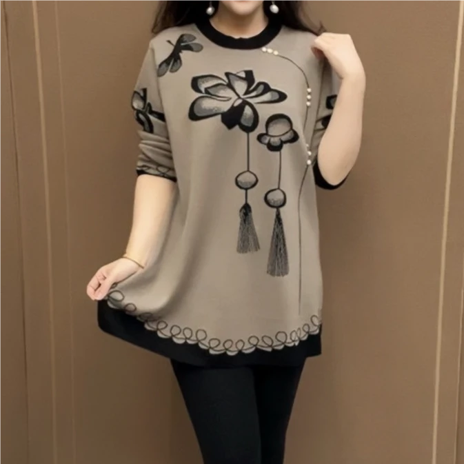 妈妈装中长款印花国风气质女士毛衣打底衫春秋冬三季上衣宽松大码