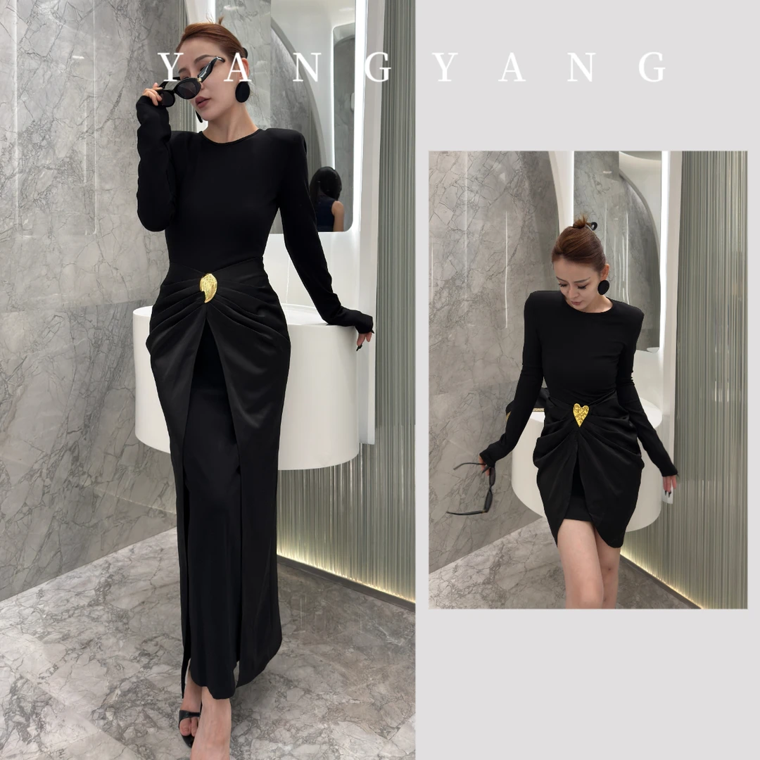 YANGYANG 显瘦圆领金扣拼接压褶包臀时尚气质修身连衣裙