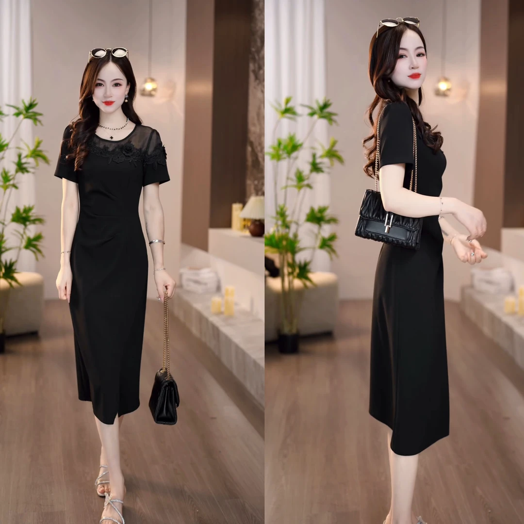 2025夏季新款黑色浮雕花艺斜肩领时髦显瘦小众设计连衣裙M-4XL