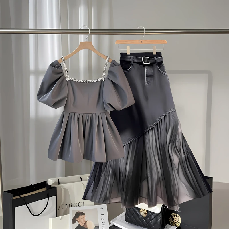 2025夏季新款法式方领重工钉珠收腰衬衫上衣牛仔a字半身裙套装女