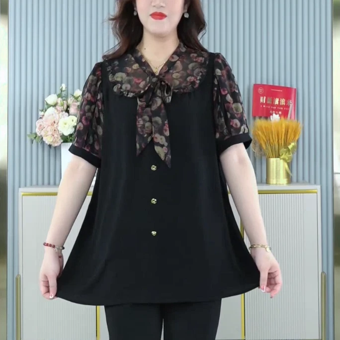 胖珍珍新中式夏季洋气气质碎花领衫休闲百搭宽松遮肉女上衣ZB5846