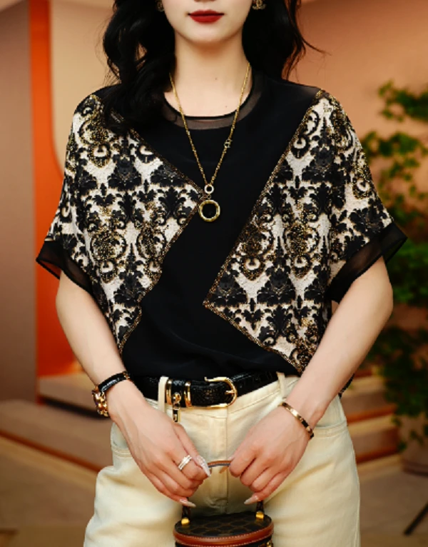 金色波洛克-夏季新款高级感洋气时尚百搭显瘦短袖圆领上衣