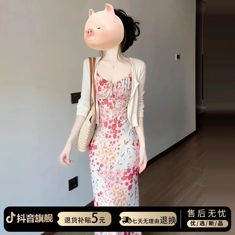 茶歇法式粉色碎花吊带连衣裙子女夏季2025新款欧若风气质包臀长裙